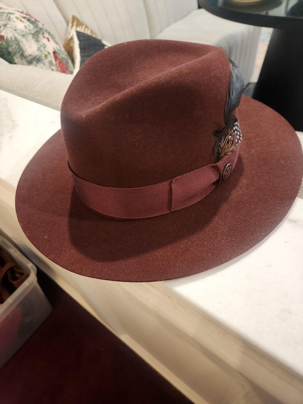 Women's Burgundy Wool Fedora with Ribbon and Feather Trim